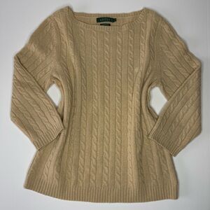 Lauren Ralph Lauren 100% Cashmere Cable Knit Sweater Womens Large Tan